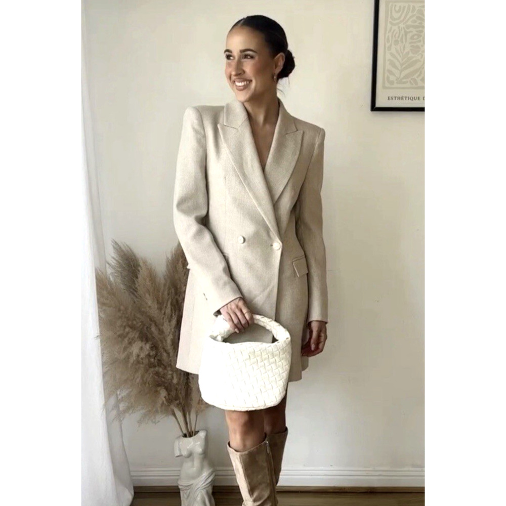 Zara Double Breasted Long Blazer XS Neutral Tailored Academia Textured Office - Picture 16 of 16